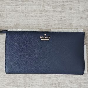 kate spade navy zip-around saffiano wallet with gold logo